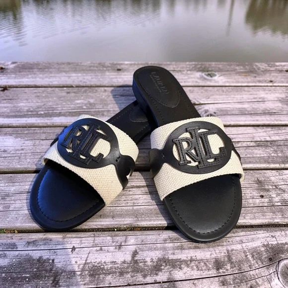 Ralph Lauren NWT Sz 6.5 Alegra Black & Cream Leather Flat Slide Sandals (SH280) - Picture 7 of 11